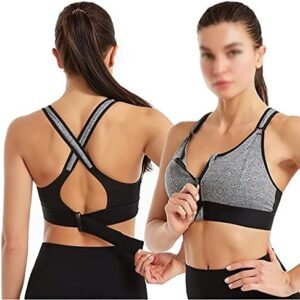 Women Sports Adjustable Professional Padded Sports Bra with front Zip Closure